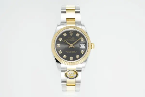 AR Factory Rolex Lady-Datejust 31mm Two-Tone Yellow Gold and Stainless Steel Black Diamond Dial Fluted Bezel Oyster Bracelet Watch