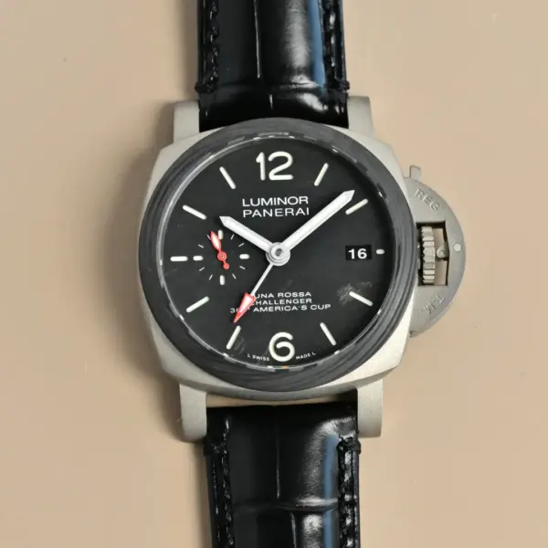 Panerai Luminor America’s Cup Black Dial Silver Titanium Case Black Alligator Leather Strap Men’s Luxury Watch