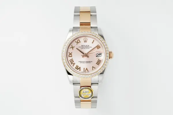 AR Factory Rolex Datejust 31mm Two-Tone Rose Gold and Stainless Steel Diamond Bezel Pink Dial Roman Numerals Women’s Watch