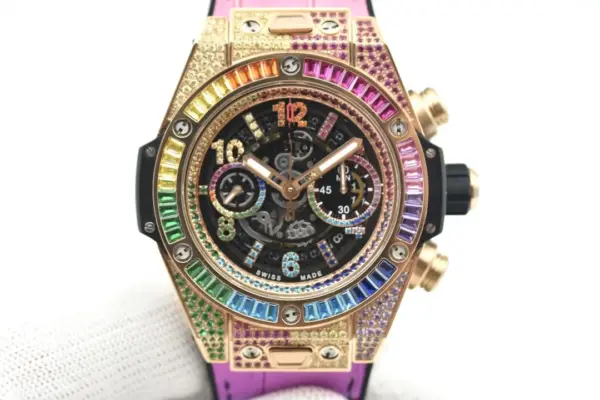TMF Factory Hublot Big Bang Rainbow 44mm Chronograph Watch with Pink Rubber Strap – Super Clone Edition