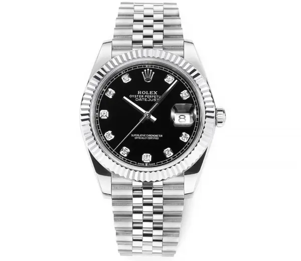 Rolex Datejust 41mm Watch – Silver with Black Dial, Diamond Markers & VSF Super Clone Quality
