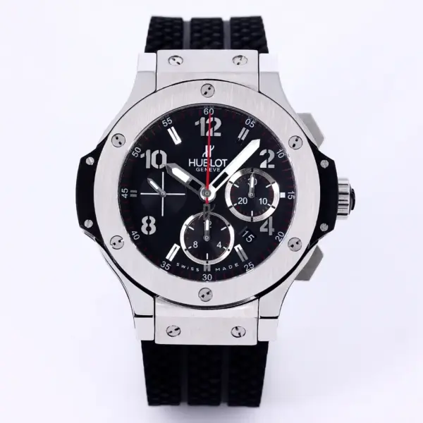 BB Factory Hublot Big Bang 44mm Black Dial Chronograph Watch with Rubber Strap – Silver Case | Super Clone Edition