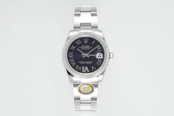 AR Factory Rolex Datejust 31mm Stainless Steel Oyster Perpetual Watch with Purple Roman Numeral Dial and Fluted Bezel