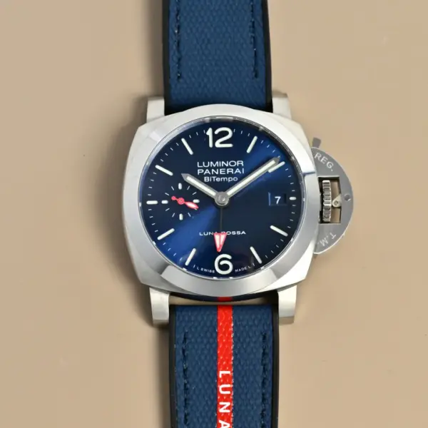 Panerai Luminor Luna Rossa Blue Dial Automatic Men’s Watch with Navy Fabric Strap and Red Accents