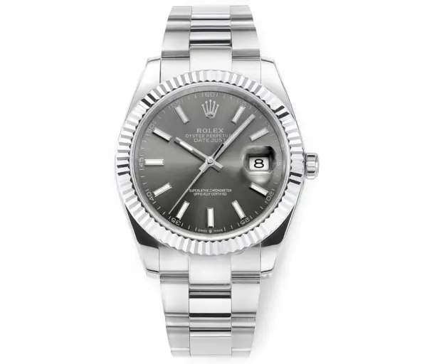 Rolex Datejust 41mm Watch – Silver Fluted Bezel, Grey Dial, Stainless Steel Bracelet, Super Clone VSF Rolex