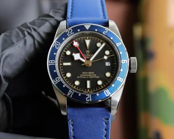 Tudor Black Bay GMT Men’s Watch – Black Dial, Blue-Red Pepsi Bezel, Blue Leather Strap, Stainless Steel Case