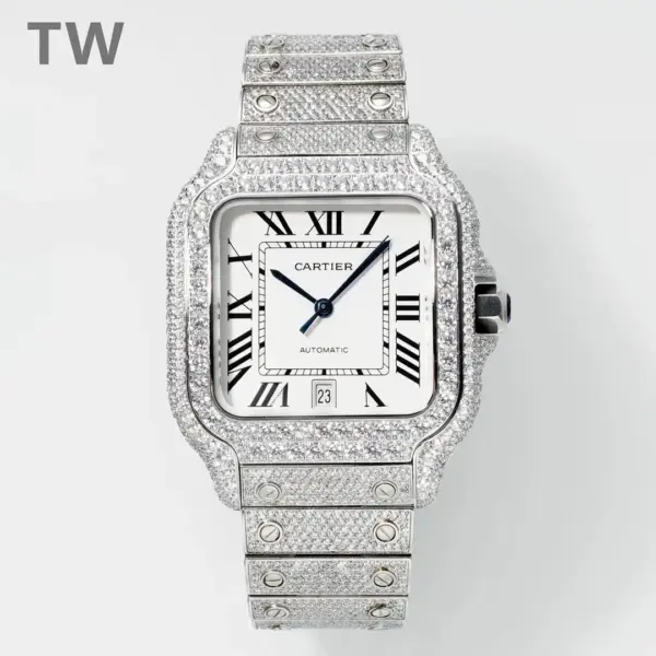 3K Factory Cartier Santos Full Diamond Silver Watch – Best Replica Watches