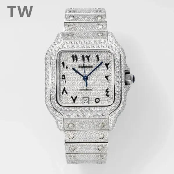 3K Factory Cartier Santos Full Diamond Watch Silver – Best Replica Watches