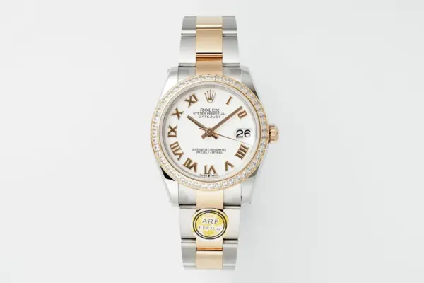 AR Factory Rolex Datejust 31mm White Dial Roman Numerals Diamond Bezel Two-Tone Steel and Rose Gold Oyster Bracelet Women’s Watch