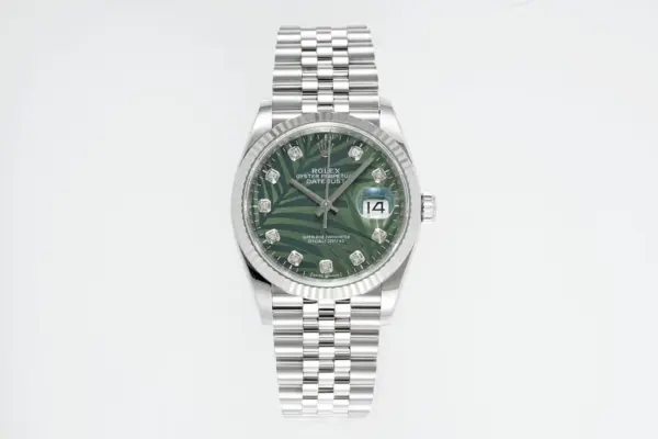 VS Factory Rolex Datejust 36mm Green Palm Motif Dial Diamond Bezel Stainless Steel Jubilee Watch
