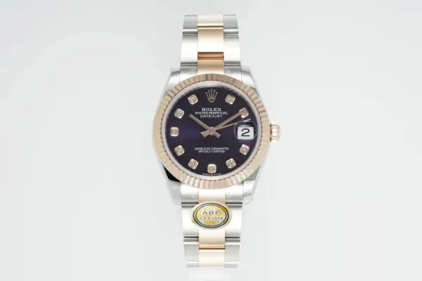 AR Factory Rolex Lady-Datejust 31mm Two-Tone Stainless Steel and Rose Gold Aubergine Diamond Dial Fluted Bezel Automatic Watch