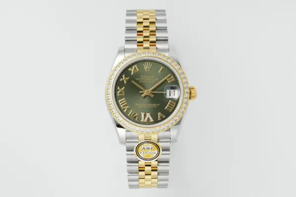 AR Factory Rolex Datejust 31mm Olive Green Roman Numeral Dial Diamond Bezel Two-Tone Yellow Gold & Stainless Steel Jubilee Bracelet Ladies Watch