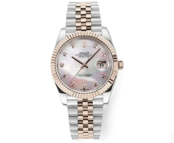 Rolex Datejust 41mm Watch – Two-Tone Stainless Steel and Rose Gold with Pink Dial, Diamond Markers, and Super Clone Quality
