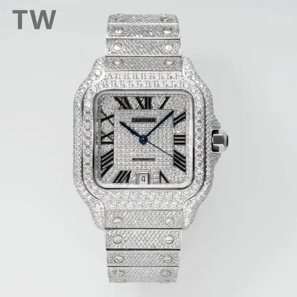 3K Factory Cartier Santos Full Diamond Silver Watch – Top Fake Cartier Watch