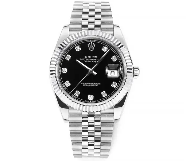 AR Factory Rolex Datejust 41mm Black Dial Diamond Markers Fluted Bezel Stainless Steel Jubilee Bracelet Men’s Luxury Watch