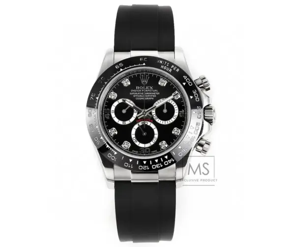 BT Factory Rolex Daytona Black Diamond-Set Dial Chronograph Watch with Black Rubber Strap and Stainless Steel Case