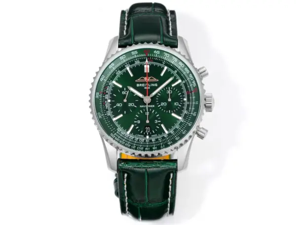 BLS Factory Breitling Navitimer Chronograph Green Dial Leather Strap Aviation Watch