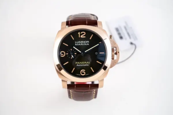 Panerai Luminor Marina Automatic Rose Gold Case Black Dial Brown Leather Strap Men’s Luxury Watch