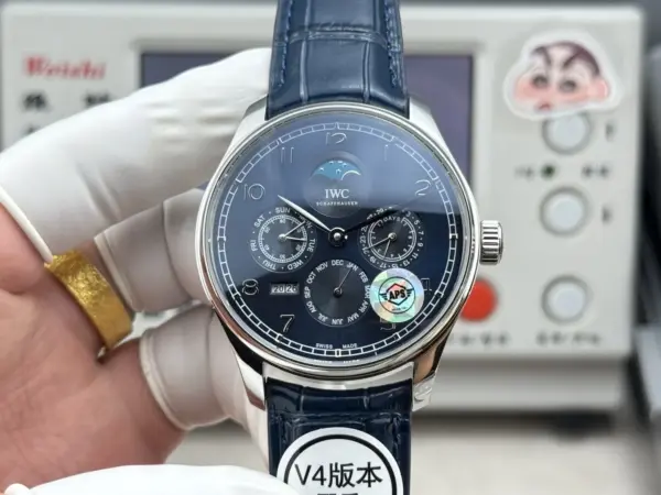 APS Factory IWC Portugieser Perpetual Calendar Automatic Men’s Watch Blue Dial Leather Strap Silver Case