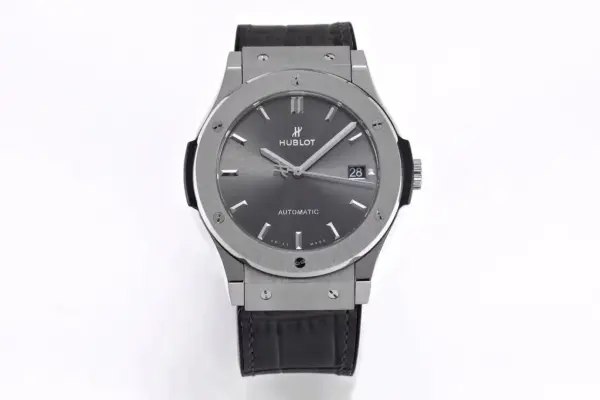 ZF Factory Hublot Classic Fusion Titanium Watch – Grey Dial, 45MM, Polished Brushed Case, Black Strap, Best Replica Watch