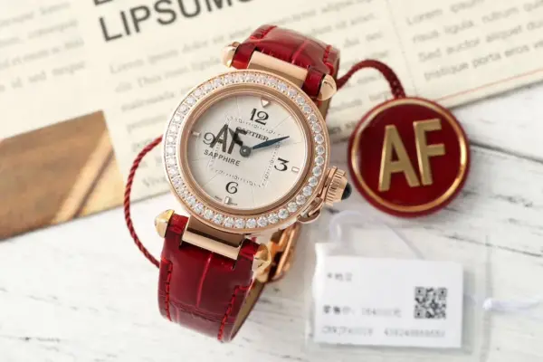 Cartier Ballon Bleu de Cartier Women’s Rose Gold Watch with Diamond Bezel and Red Leather Strap