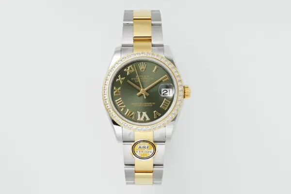 AR Factory Rolex Datejust 31mm Olive Green Roman Dial Diamond Bezel Two-Tone Steel and Yellow Gold Oyster Bracelet Ladies Watch