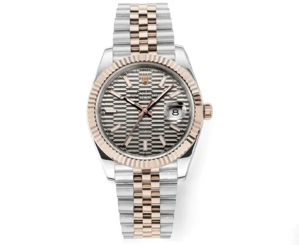 AR Factory Rolex Datejust 41mm Two-Tone Rose Gold and Stainless Steel Automatic Watch with Grey Guilloche Dial, Fluted Bezel, and Jubilee Bracelet