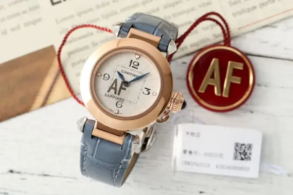 AF Factory Cartier Santos AF Rose Gold Round Case Blue Leather Strap Women’s Quartz Watch