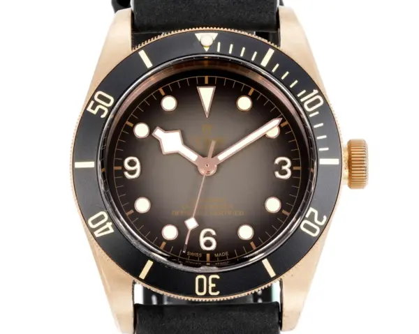 Tudor Black Bay Bronze Automatic Diver’s Watch with Black Dial, Rotating Bezel, and Black Leather Strap