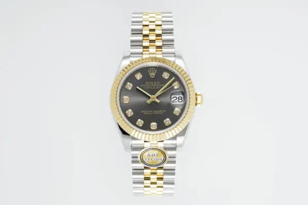AR Factory Rolex Lady-Datejust 31mm Two-Tone Steel and Yellow Gold Black Diamond Dial Fluted Bezel Oyster Bracelet Watch