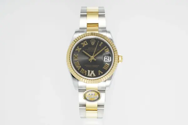 AR Factory Rolex Datejust 31mm Two-Tone Yellow Gold and Stainless Steel Watch with Black Roman Numeral Dial and Fluted Bezel