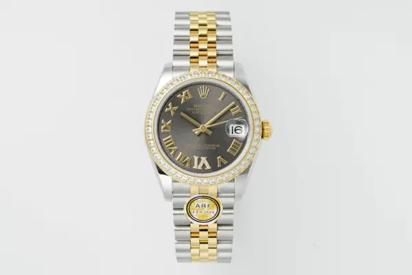 AR Factory Rolex Lady-Datejust 31mm Slate Grey Roman Numeral Dial Diamond Bezel Two-Tone Steel and Yellow Gold Jubilee Bracelet Watch