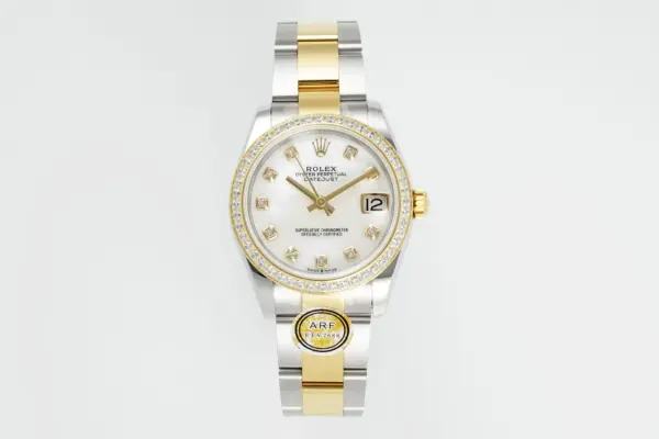 AR Factory Rolex Lady-Datejust 28mm White Mother-of-Pearl Dial Diamond Bezel Two-Tone Stainless Steel and Yellow Gold Oyster Bracelet Watch