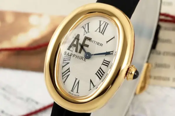 AF Factory Cartier Baignoire Yellow Gold Oval Women’s Watch with White Dial, Roman Numerals, Black Leather Strap, and Sapphire Cabochon Crown
