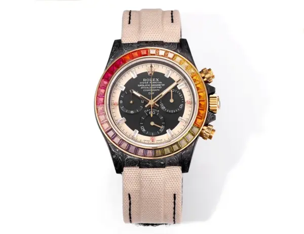 Rolex Daytona Custom Carbon Fiber Night Glow Case Watch – Black with Rainbow Bezel, Beige Strap by VSF Watches Official