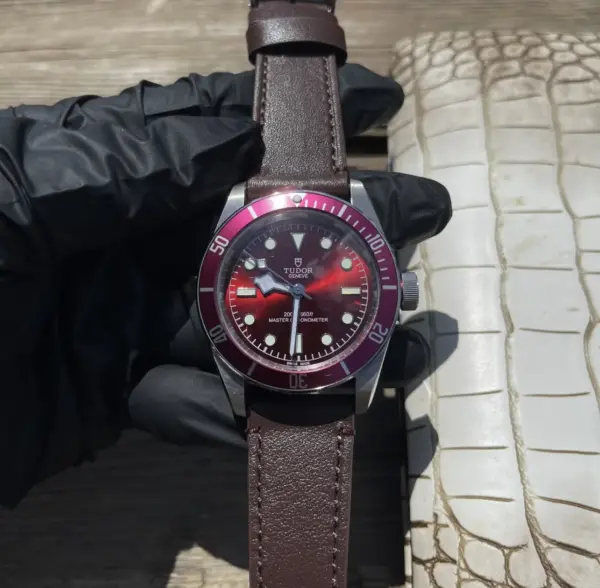 Tudor Black Bay Burgundy Red Dial Automatic Diver’s Watch with Brown Leather Strap