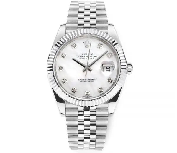 Rolex Datejust 41mm Silver Stainless Steel Watch with Diamond Dial, Fluted Bezel, and VSF Super Clone Quality