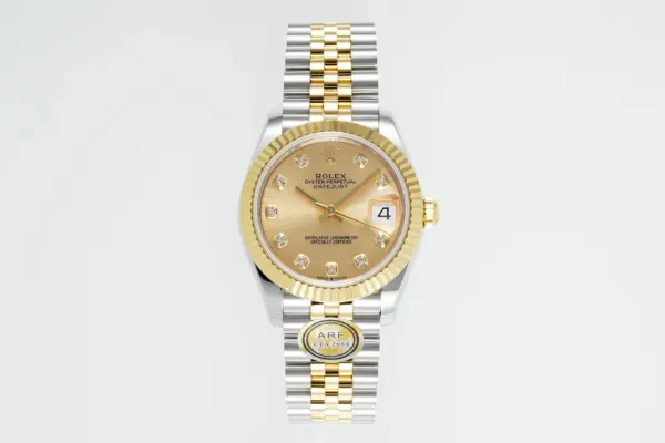 AR Factory Rolex Lady-Datejust 28mm Two-Tone Yellow Gold and Steel Champagne Dial Diamond Markers Fluted Bezel Oyster Bracelet Watch