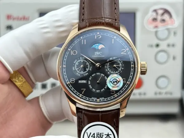 APS Factory IWC Portugieser Perpetual Calendar Black Dial Rose Gold Case Brown Leather Strap Men’s Luxury Watch