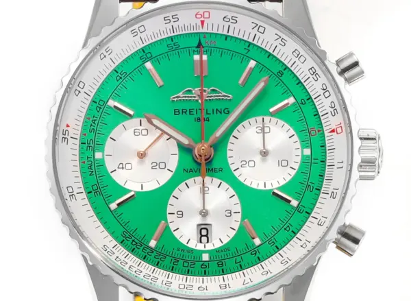 BLS Factory Breitling Navitimer Chronograph Green Dial Brown Leather Strap Stainless Steel Watch