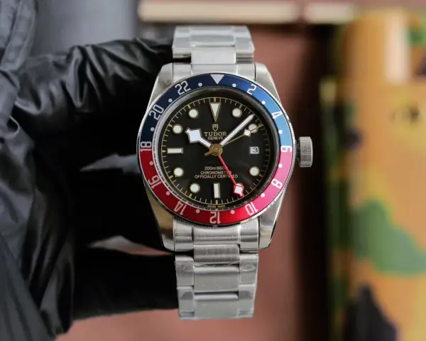 Tudor Black Bay GMT Automatic Men’s Watch with Pepsi Red-Blue Bezel, Black Dial, and Stainless Steel Bracelet