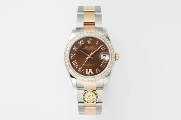 AR Factory Rolex Datejust 31mm Two-Tone Steel and Yellow Gold Oyster Bracelet Chocolate Brown Roman Dial Diamond Bezel Women’s Watch