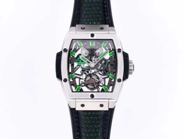 JJ Factory Hublot Masterpiece 906 Tourbillon Watch – Silver with Green Accents, Manual Wind Movement, Leather Strap, Super Clone Design