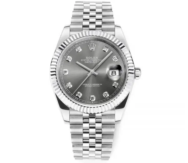 AR Factory Rolex Oyster Perpetual Datejust 41mm Stainless Steel Grey Dial Diamond Markers Fluted Bezel Jubilee Bracelet Watch